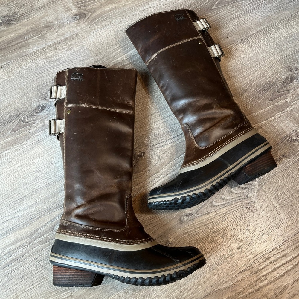 Sorel Slimpack Riding 16" Tall Waterproof Leather Boots Brown Black 2321-078 10